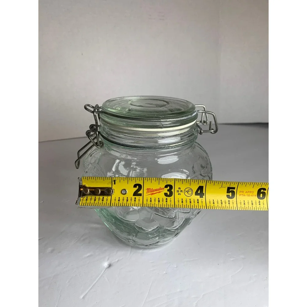 Vintage 70s Green Tint Glass Jar Embossed Fruit Pattern Wire Bail Hermetic‎ Lid